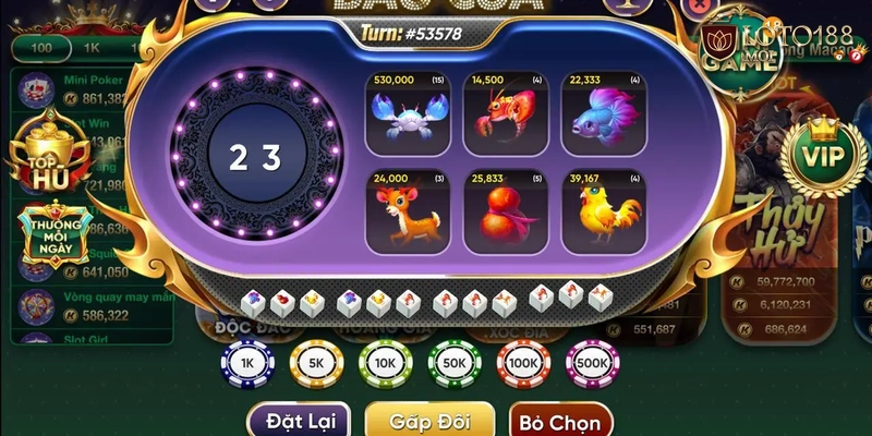 Bầu Cua 1 Phút Loto188 – Đấu Trí Siêu Tốc, Nhận Tiền Liền Tay 3 (Ảnh 3 - Màn hình đặt cược bầu cua 1 phút với chip mệnh giá và đồng hồ 45 giây)